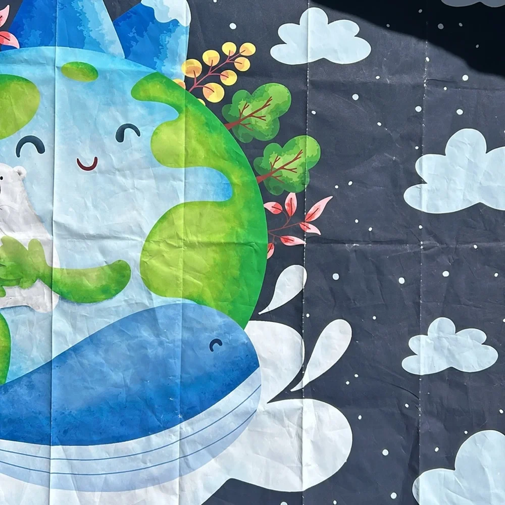 Earth Day backdrop, earth, bear, whale. Space, 3 x 4, blue black, green white
